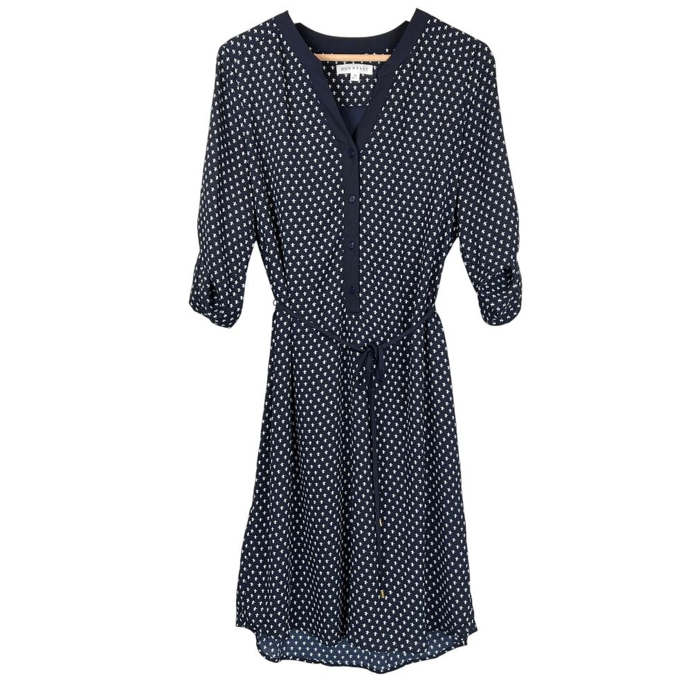 Downeast Navy Blue Fleur de Lis V Neck Midi Dress Womens M Tie Waist 3/4‎ Sleeve